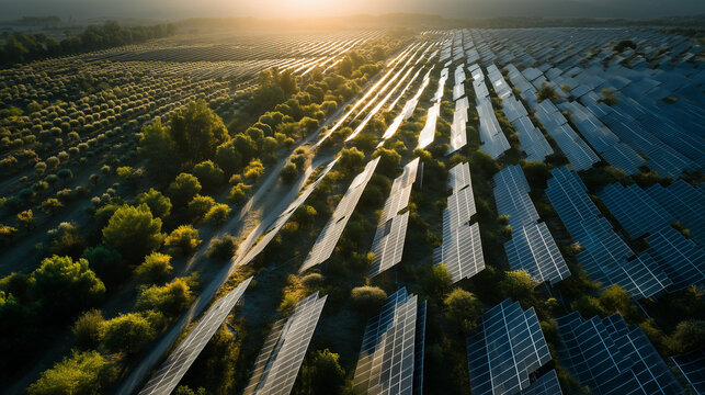 Solar Energy Array at Dawn: An expansive solar panel array captures the golden hues of dawn, symbolizing sustainable energy and environmental responsibility. 