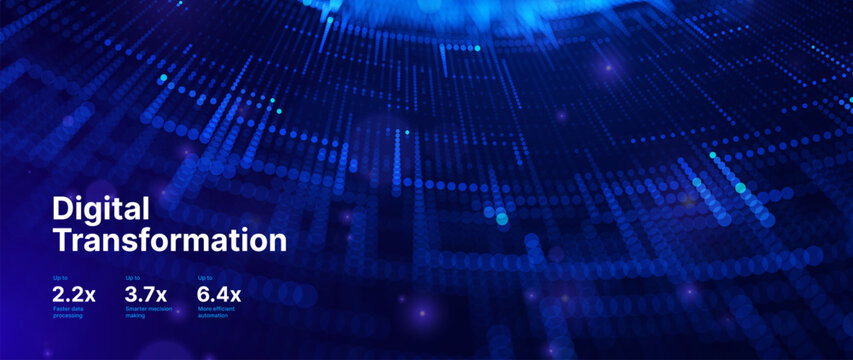Digital Transformation Background With Glowing Neon Data Connection Lines and Abstract Particle Flow Gird on Dark Blue. Smart Digital Business Solutions. Vector Illustration.