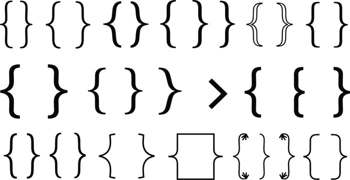 Curly braces collection, typographic symbols, programming design, mathematical grouping, arrow tips variation, black outline, creative bracket styles, flat vector illustration