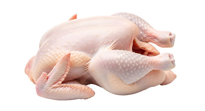Raw whole chicken on white isolated on transparent background