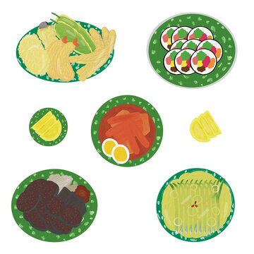Korean Street Food Bunsik Set with Tteokbokki Gimbap Soondae Fried Snacks and Pajeon, Impasto Oil Painting Style Illustration