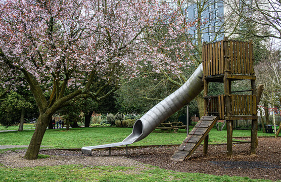 A stainless steel tunnel slide in Victoria Park, Portsmouth.
