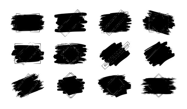 Black brush stroke set with gold frames modern grunge paint banners for text vector collection