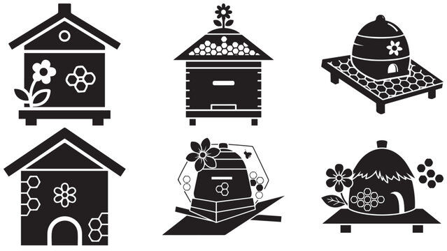 Set of decorative beehive icons with flowers, honeycomb patterns, and rural apiary design elements