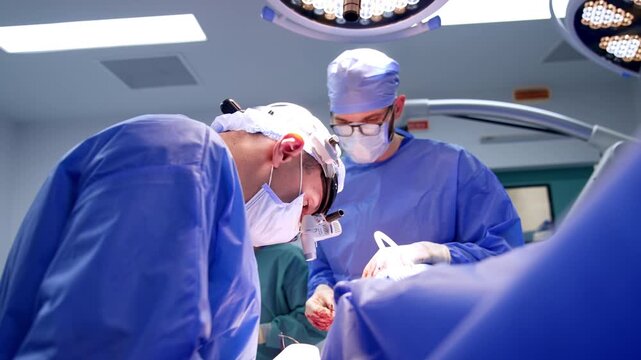 Team of doctors gathered around the operating table. Group of neurosurgeons perform surgery under bright light.
