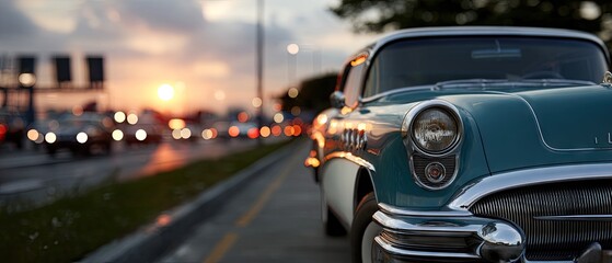 Fototapeta premium Vintage car on a road at sunset with warm light and blurred background traffic creating a vibrant and lively scene