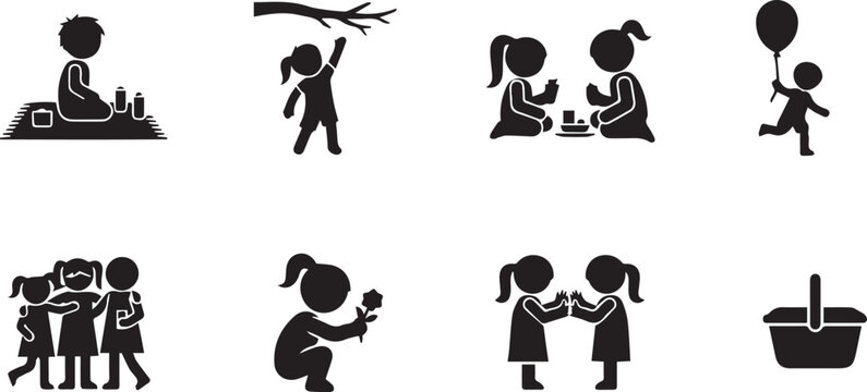 Black silhouette icons of children playing and interacting isolated on transparent background