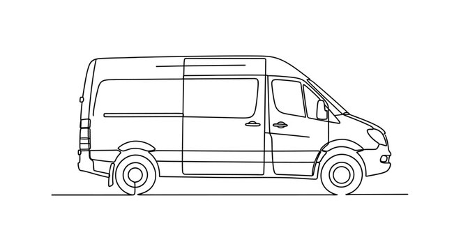 Line art illustration of a modern cargo van, side view, isolated on white background.
