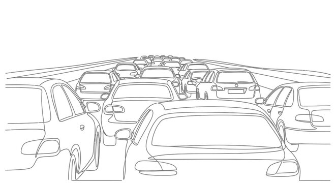 Heavy traffic jam, line drawing of cars stuck on highway