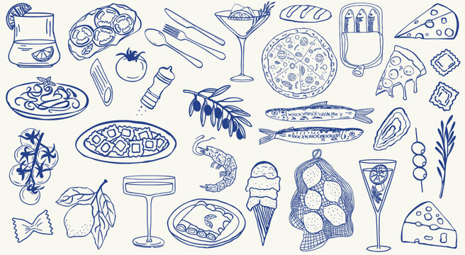 hand drawn Italian food icons. Mediterranean lunch and dinner doodle items, pizza, pasta, olive, cheese,ravioli, sardines, lemons,tomato, gelato. Quirky blue crayon style doodles,Dolce vita aesthetics