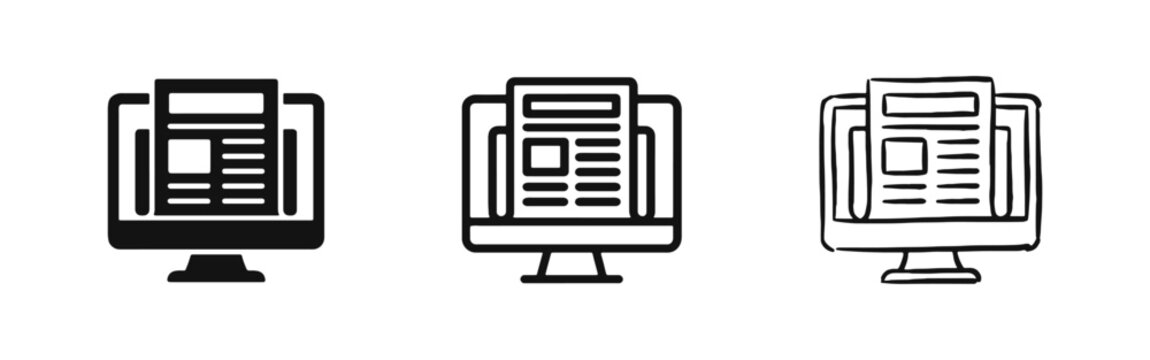 Online news icons showing computer monitor with newspaper in three styles