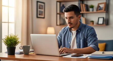 Fototapeta premium Young man using laptop working from home office