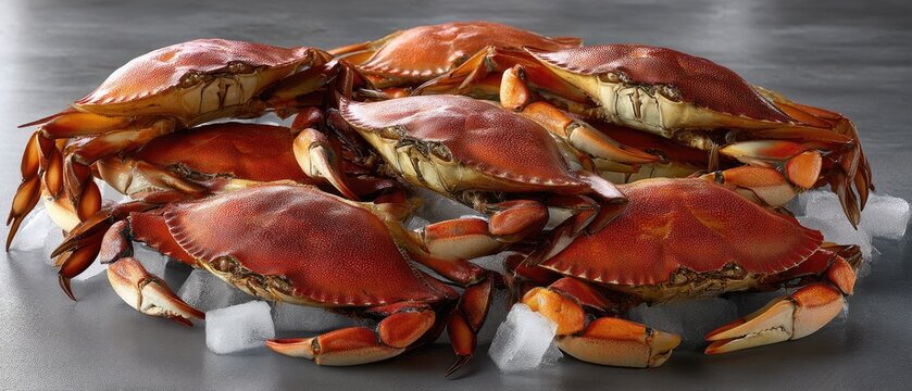 Fresh crabs arranged on crushed ice, showcasing their vibrant reddish orange and brown shells under warm lighting