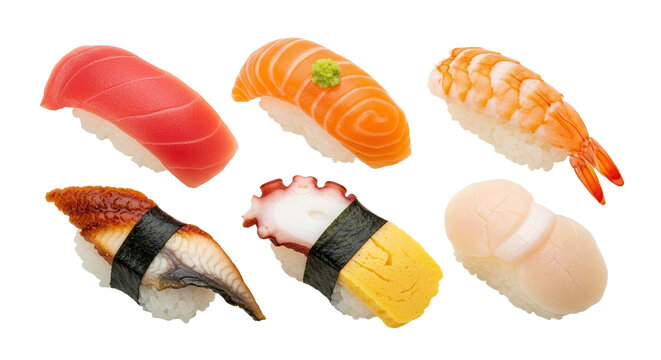 Assortment of Fresh Japanese Nigiri Sushi with Salmon Tuna Shrimp Eel Octopus and Scallop Isolated on White Background