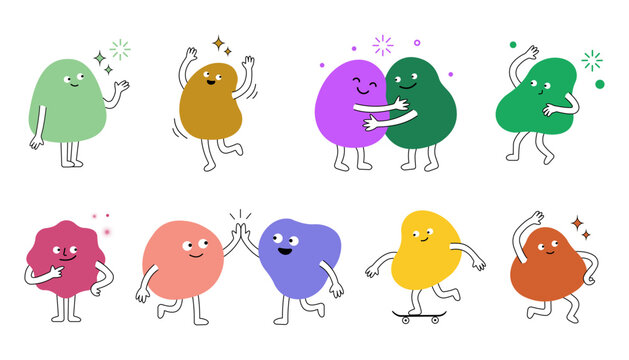 Funny cute blob characters set with different emotions, expressive cartoon doodle shapes, colorful abstract figures with smiling faces, modern flat vector illustration isolated