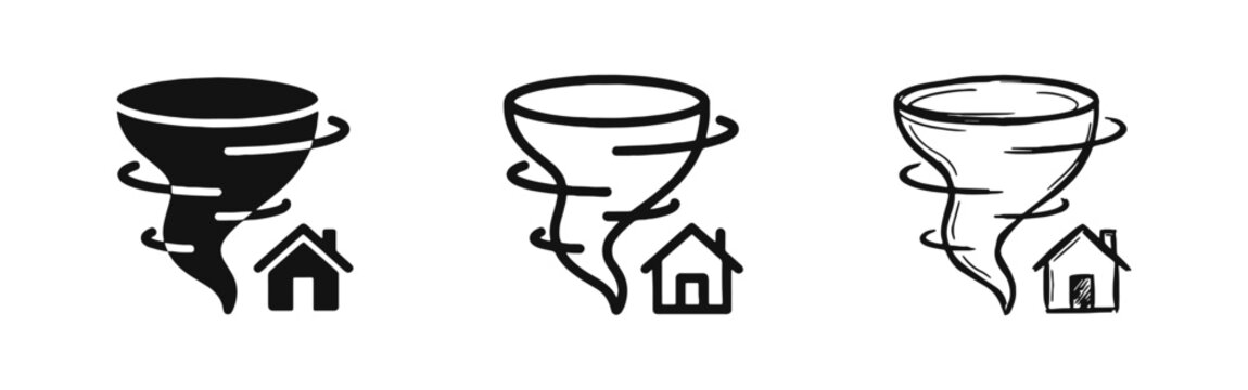 Tornado Disaster House Icon Set, Hurricane Storm Damage Vector Illustration