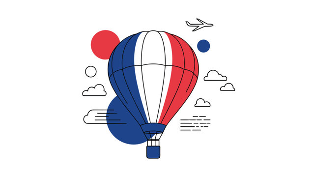 Hot air balloon decorated with the colors of the French flag flying in a blue sky with soft white clouds and a plane.