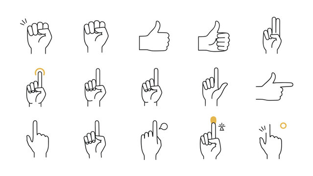 Collection of fifteen black line hand gesture icons including thumbs up pointing clicking and fist on white background.