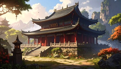 Naklejka premium A serene Asian temple surrounded by lush gardens and majestic mountains
