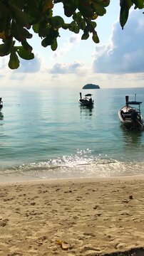 The video shows a foreground of trees on a beach with turquoise water and gentle waves lapping against the shore. Sunlight reflects on the water and sparkles on the sand. A boat is visible in the sea.