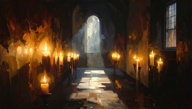 Candlelit Ceremony in a Historic Church with Sunbeams.