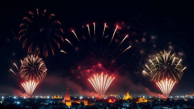 Fireworks explosion over Indian city skyline during Dussehra festival celebration. Night cityscape with glowing temple architecture and colorful sky illumination show.