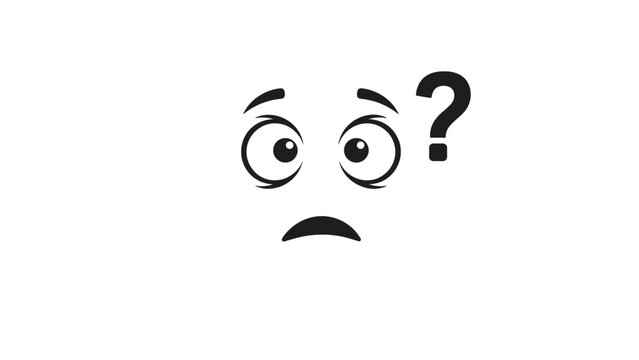 Cartoon face expression with big surprised eyes raised eyebrows and a question mark icon representing confusion or doubt.
