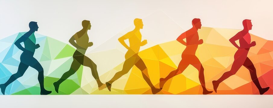 Silhouettes of a running man in a sequence showing motion from blue to red shades against a polygonal geometric background.