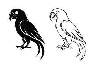 オウムのシルエットと線画のベクターイラストセット, 熱帯の鳥のミニマルなロゴデザイン, 白黒のコントラストが美しいインコのグラフィック素材, Tシャツプリントやアイコンに最適な動物のシンボル © HayeGareebi