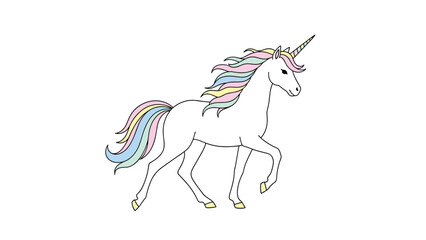 Beautiful white unicorn with a colorful rainbow mane and tail walking gracefully on a pure white background in a classic fantasy style. © Fathya