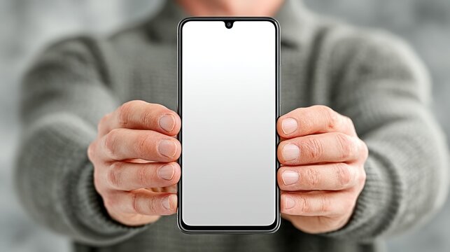 A person extending both hands to present a smartphone with a blank, bright screen