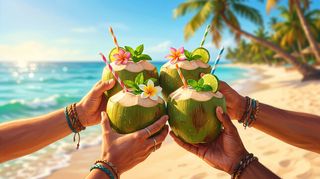 Friends Toasting with Coconut Cocktails on Tropical Beach