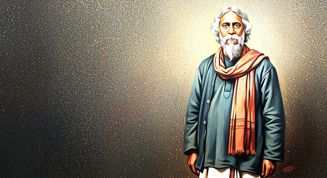 Rabindranath Tagore Portrait in Golden Artistic Style Reflecting Wisdom, Poetry, and Timeless Indian Cultural Heritage