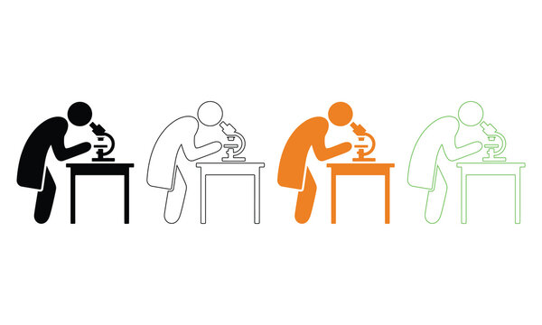 Scientists using microscopes in various postures and styles