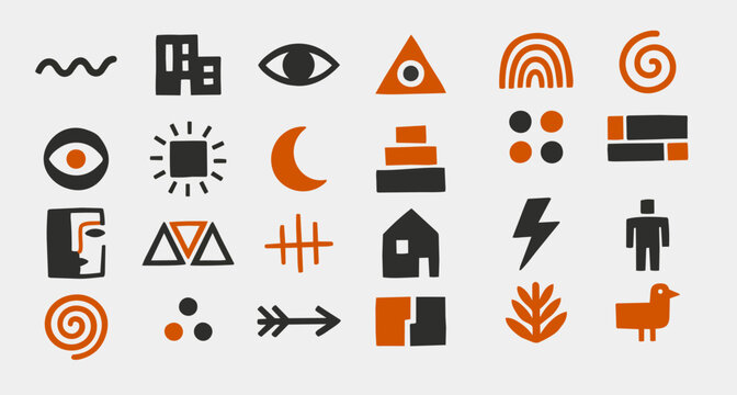 Geometric symbols and objects in the Memphis Design style.