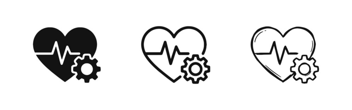 Heart Health and Maintenance Icon Set with EKG Pulse and Gear Settings