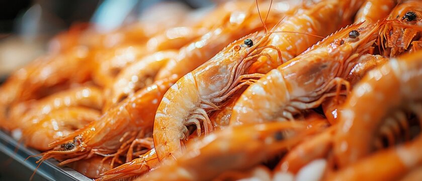 A close-up of fresh boiled prawns with shiny shells &ndash; an appetising backdrop for seafood, restaurant menus, healthy eating or food advertising.