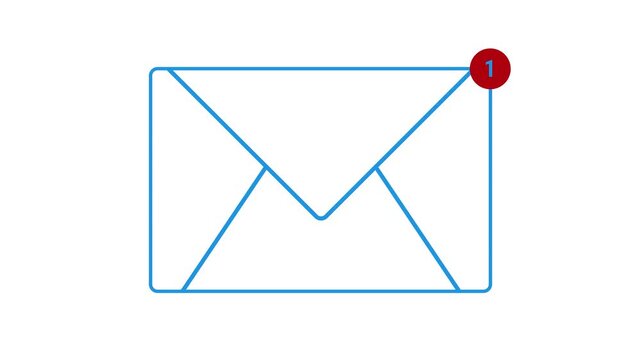 Minimalist blue line envelope icon featuring a red circular notification badge for unread messages. Digital communication symbol representing a new email alert or incoming mobile app notification.