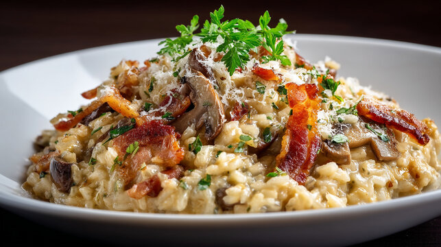 Creamy risotto with bacon and mushrooms served in a white bowl on a dark table