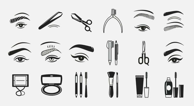 A collection of minimalist flat vector icons related to eyebrow grooming and makeup.