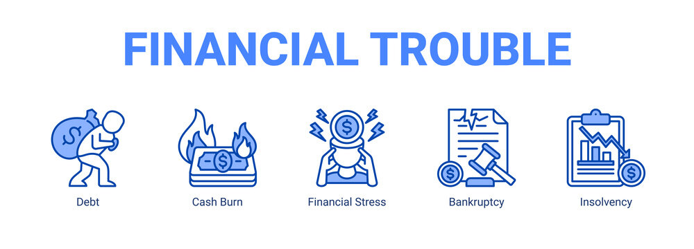 Financial Trouble web banner icon concept, with Debt, Cash Burn, Financial Stress.