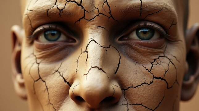 Close-up of cracked and eroded human face, symbolizing mental health crisis, trauma, dissociation, and psychological distress. 
