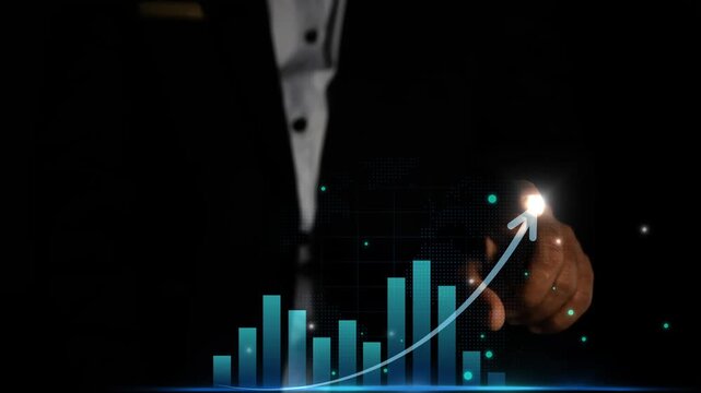 Businessman pointing at holographic data chart, Glowing holographic data chart with bar graph and digital particles on dark background