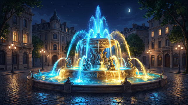 Night View of Illuminated Classical Water Fountain in European City Square