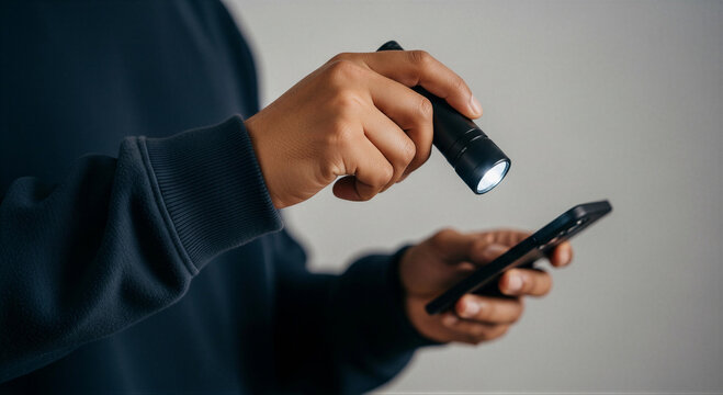 Man Using Flashlight and Phone at Night
