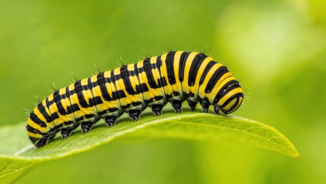 Yellow and black caterpillar on green leaf