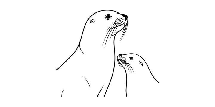 Cute mother seal and her baby pup line drawing