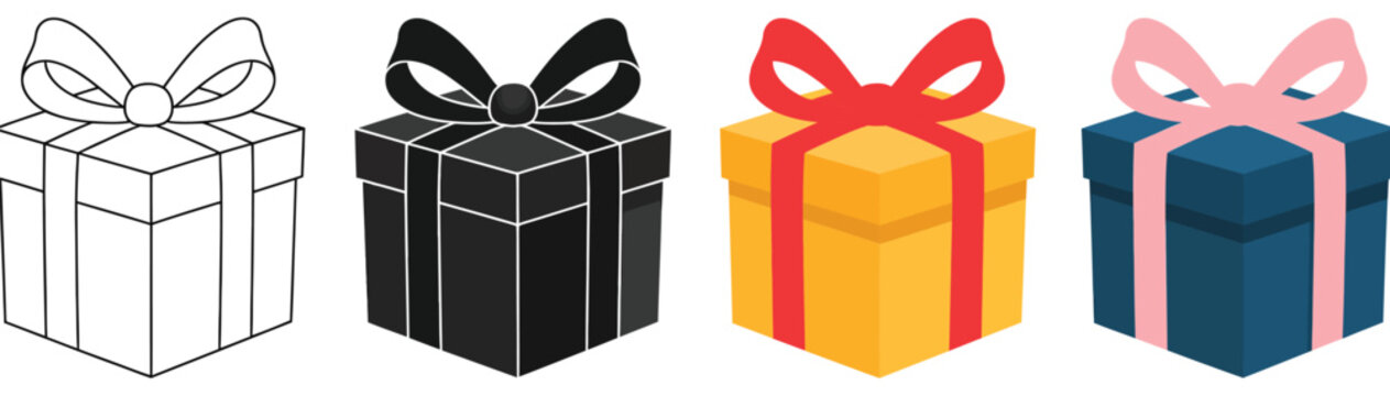 Gift box icons set, surprise package symbols, parcel pack and holiday gift boxes, abstract collection logo design, festive present icons, modern flat vector illustration for apps, branding, and