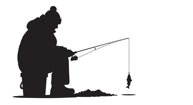 Silhouette of a fisherman ice fishing with a caught fish