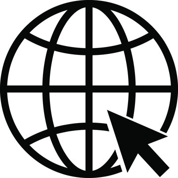 Global internet connectivity icon with globe, computer mouse cursor, digital communication symbol, worldwide web access, online technology representation
